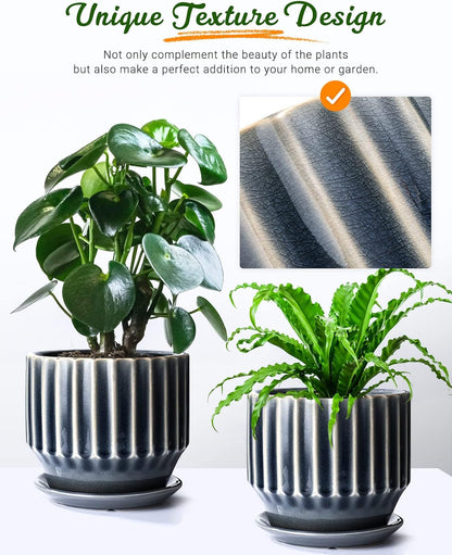 AISBUGUR Plant Pots 6 inch Ceramic Pots for Indoor Plants Set of 2 Flower Pots Unique Crackle Glaze Design Plant Pots with Drainage Hole and Saucer Come with Drainage Nets (Grey)