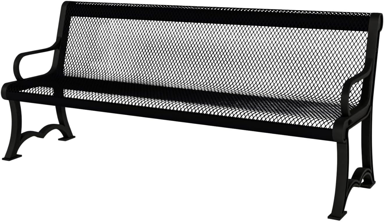Coated Outdoor Furniture Heavy-Duty Outdoor Bench Thermoplastic Coated, Expanded Metal, Commercial-Grade Garden Bench, Made in America (Portable with Back, 4 Ft, Black)