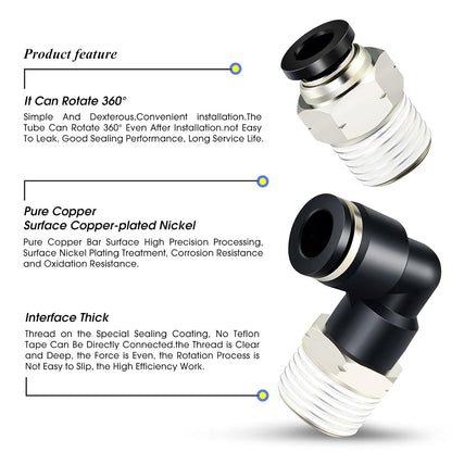TAILONZ PNEUMATIC Elbow and Straight Combination 5/16 Inch Tube OD x 3/8 Inch NPT Thread Push to Connect Fittings PC-5/16-N3+PL-5/16-N3(Pack of 4)