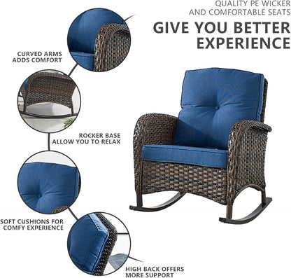 HUMMUH 5 Pieces Wicker Patio Furniture Set,Outdoor Rocker Chairs,Patio Ottomans,Glass Top Side Table,Outdoor Conversation Set for Porch Deck Backyard Poolside