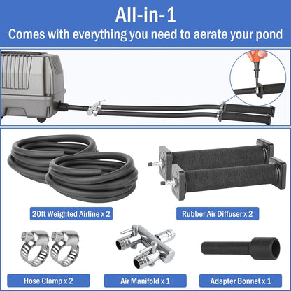 AquaMiracle All-in-One Koi Pond Aerator for Outdoor Ponds, Pond Air Pump Pond Aeration System with Self-Sinking Airline Flow Control Rubber Air Diffuser