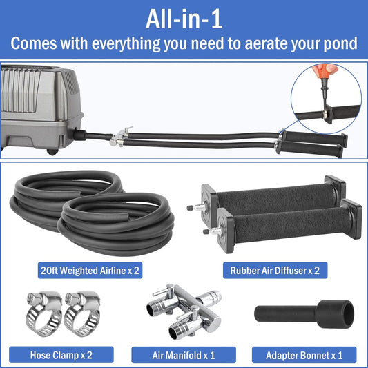 AquaMiracle All-in-One Koi Pond Aerator for Outdoor Ponds, Pond Air Pump Pond Aeration System with Self-Sinking Airline Flow Control Rubber Air Diffuser