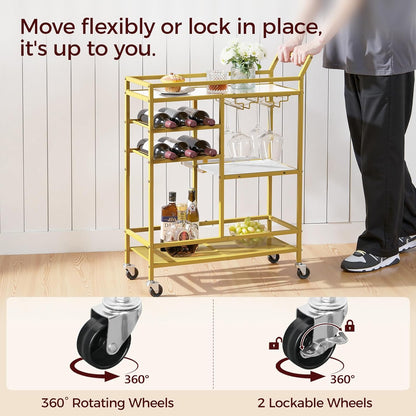 Bar Cart for Home, 3-Tier Serving Cart with Mirrored Top, Beverage Cart with Wine Rack and Glass Holder, Drink Cart with Wheels, for Dining Room, Living Room, Gold and White RCJM7101