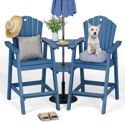 Tall Adirondack Chairs Set of 2 with 2-Layer Connecting Table, HDPE Bar Height Outdoor Table and Chairs with Umbrella Hole, All Weather Outdoor Bar Stools for Patio, Deck, Yard (Navy Blue)