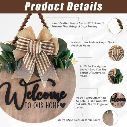 3D Welcome Sign for Front Door | Home/Farmhouse Porch Décor Wooden Hanging Sign with Artificial Leaves and Rustic Beads | Christmas Classroom |12" Round