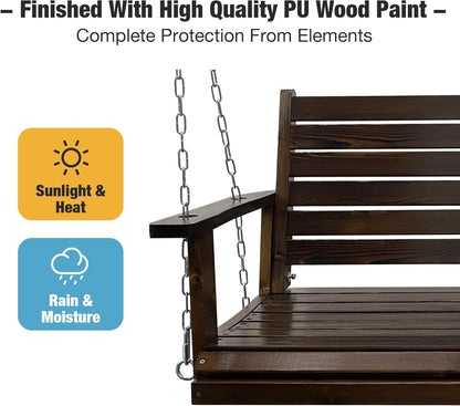 Wooden Porch Swing, Ergonomic Seat, Bench Swing with Hanging Chains and 7mm Springs, Heavy Duty 880 LBS, for Outdoor Patio Garden Yard (Dark Brown, 2-Seater)