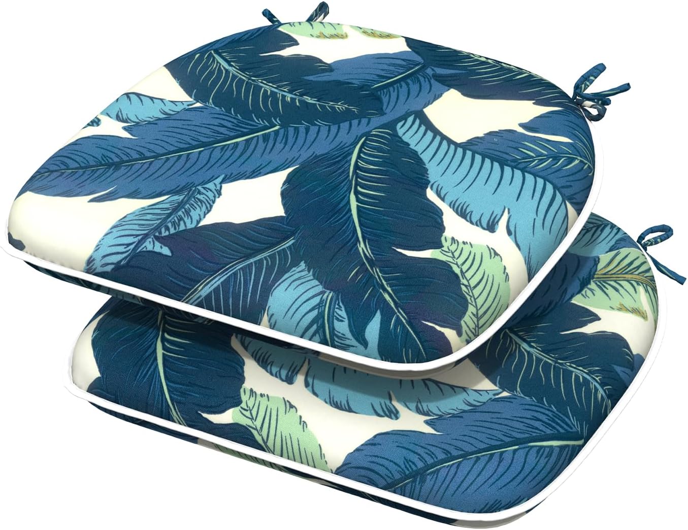 Indoor/Outdoor Chair Cushions 16x17 Inch, Patio Chair Cushions with Ties, All Weather Seat Cushions for Patio Furniture Home Garden Chair Use, Set of 2, Swaying Palms Blue
