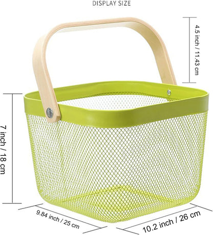Metal Mesh Steel Basket, Storage Organizer Basket Multi-functional Hanging Kitchen Baskets Fruit Basket with Wooden Handle for Kitchen Bathroom Picnic Shopping Decor Cabinet Home, Macaron Green