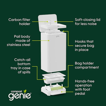 Kitchen Compost Bin, White Stainless-Steel Large, 3.6 Gallon, Indoor Odorless Composting, Hands-Free, Washable Parts, Includes 8 Tear-Off Compostable Bags and 4 Carbon Filters