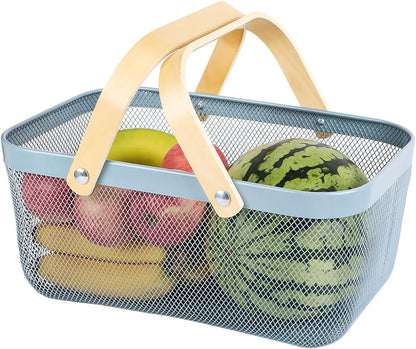 Portable Mesh Harvest Basket - Natural Bamboo Handle Foldable Organizer for Kitchen, Garden & Picnic | Ventilated Storage Bin with Rust-Proof Wire, Space-Saving Farmhouse Decor (Blue)