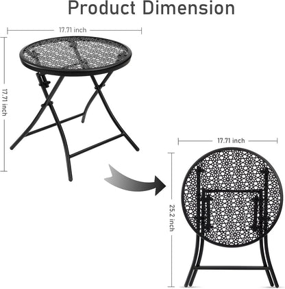 TeoKJ Folding Outdoor Side Tables, Anti Rust Small Patio Table Round Metal Nightstand with Flower Cutouts for Porch Yard Balcony Deck Lawn, Set of 2, Black