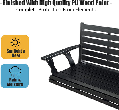 Wooden Porch Swing, Ergonomic Seat, Bench Swing with Hanging Chains and 7mm Springs, Heavy Duty 880 LBS, for Outdoor Patio Garden Yard (Matte Black, 3-Seater Extra Large)