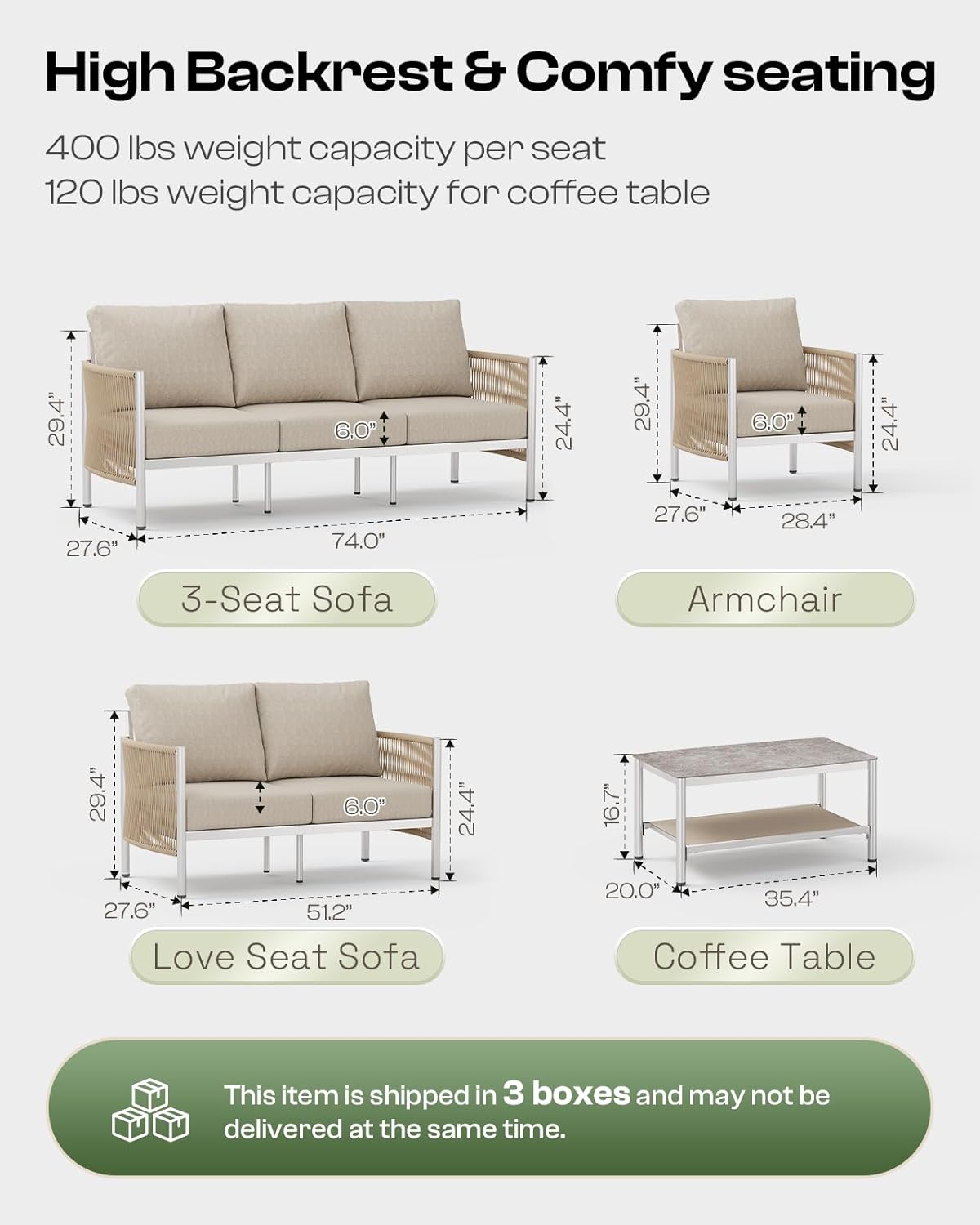 Aluminum Outdoor Patio Furniture Set, HDPE Rope 5 Piece Modern Sectional Conversation Sets with Dual-Layer Coffee Table, All Weather Patio Couch Set with Thick Cushions, Silver Frame, Beige