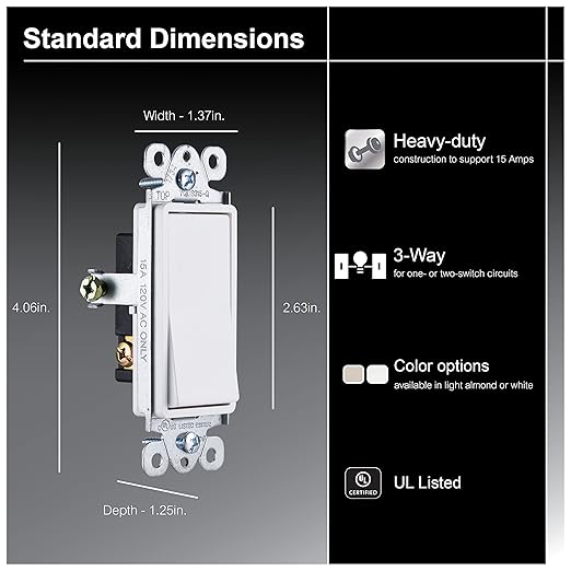 GE Grounding Paddle Rocker Switch 5 Pack, 3 Way, In Wall On/Off Power Switch Replacement for Ceiling Fans & Lights, 15 Amp, Great for Home, Office & Kitchen, UL Listed, White, 44026