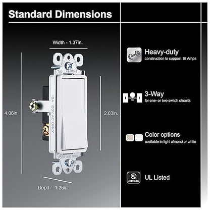 GE Grounding Paddle Rocker Switch 5 Pack, 3 Way, In Wall On/Off Power Switch Replacement for Ceiling Fans & Lights, 15 Amp, Great for Home, Office & Kitchen, UL Listed, White, 44026