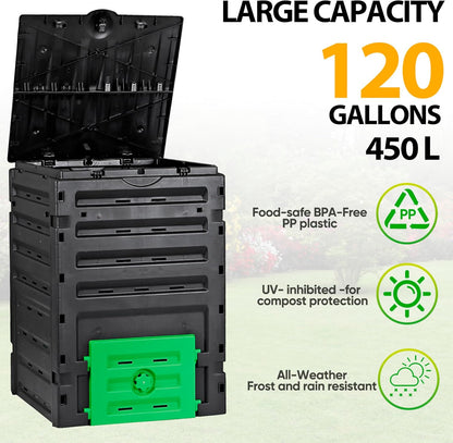 F2C Compost Bin Outdoor Composter BPA Free Material -120 Gallon (450L) Large Compost Bin Aerating Outdoor Compost Box Easy Assembling, Lightweight, Fast Creation of Fertile Soil, Black