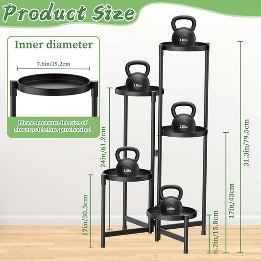 MOKANI Metal Plant Stand Indoor Outdoor for Multiple Plants, 5 Tiered Folding Corner Shelf Tall Flower Pot Holder Display Rack for Patio Living Room Balcony Garden, Black