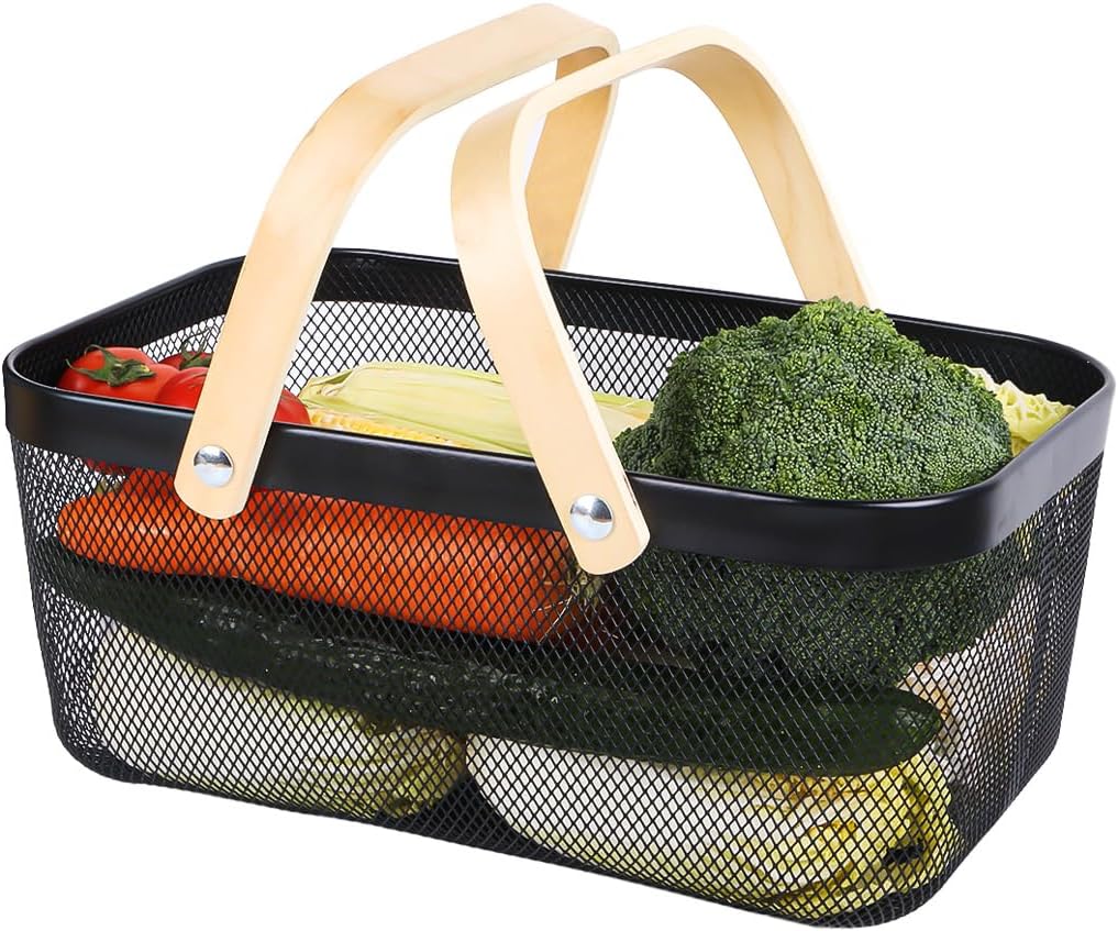 Portable Mesh Harvest Basket - Natural Bamboo Handle Foldable Organizer for Kitchen, Garden & Picnic | Ventilated Storage Bin with Rust-Proof Wire, Space-Saving Farmhouse Decor (Black)