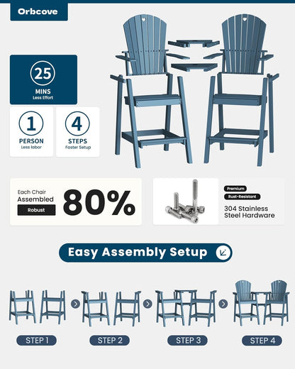 Tall Adirondack Chairs Set of 2-Durable HDPE Outdoor Bar Stools with Double Connecting Tray, Weatherproof Patio Furniture for Poolside, Backyard, Deck & Lawn Relaxation (Navy Blue)