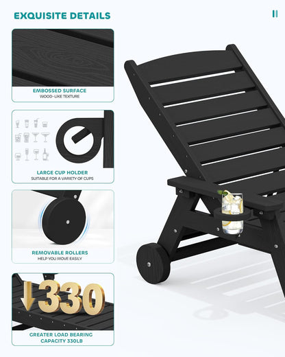 SERWALL Patio Chaise Lounge Chair Set of 2 with 9FT Patio Umbrella, 78'' HDPE Outdoor Lounger, Poly Lounge Chair with Rolling Wheels & Cup Holder for Pool,Obsidian Black (Umbrella Base not Included)
