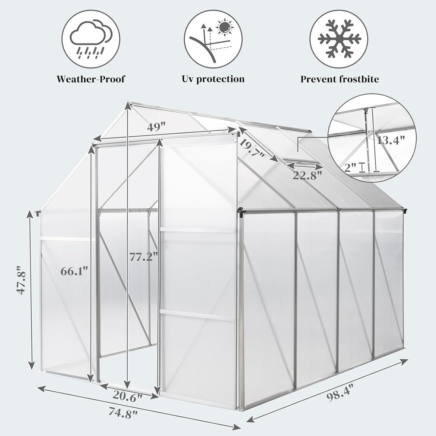 Greenhouse for Outdoors, 6x8 FT Heavy Duty Polycarbonate Greenhouse with 5 Roof Vents, Aluminum Large Walk-in Greenhouse for Outside Garden Backyard, Easy Setup, Silver