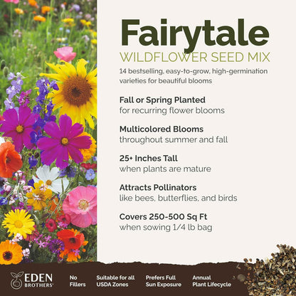 Eden Brothers Fairytale Flower Mixed Seeds for Planting, 1/4 lb, 120,000+ Seeds with Calendula, Cosmos Dazzler, Cornflower, Attracts Pollinators, Plant in Spring or Fall, Zones 3, 4, 5, 6, 7, 8, 9, 10