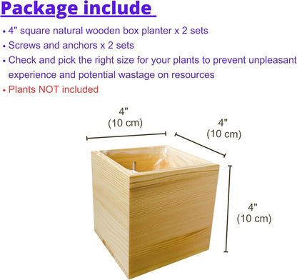LaLaGreen Wooden Planter Box for Plants (4x4 Inch, 2 Pack) Small Square Wall Planters for Indoor Plant, Natural Wood Hanging Flower Pot Boxes Table Centerpiece Herb Balcony Home Garden Office Decor