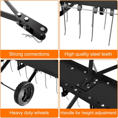40" Tow Behind Lawn Dethatcher, Pull Behind Rake with 24 Rust-Proof Tines and Heavy Tires, Lawn Tractor Rake with Lift Handle, Black Tow Behind Rakes to Remove Thatch, Leaves from Large Lawn Area