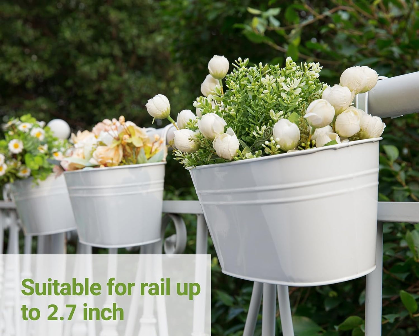 Dahey Metal Iron Hanging Flower Pots for Railing Fence Hanging Bucket Pots Countryside Style Outdoor Planter Window Flower Plant Holder with Detachable Hooks Home Decor,White,4 Pcs