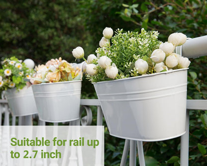 Dahey 3 Pcs Metal Iron Hanging Flower Pots for Railing Fence Hanging Bucket Pots Countryside Style Window Flower Plant Holder with Detachable Hooks Home Decor,White