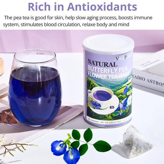 Butterfly Pea Flower Tea Bags – 50 Count, 100% Natural Butterfly Tea from Thailand, Caffeine-Free, Dried Blue Pea Flowers for Hot & Iced Tea, Vibrant Color-Changing for Relaxation & Wellness