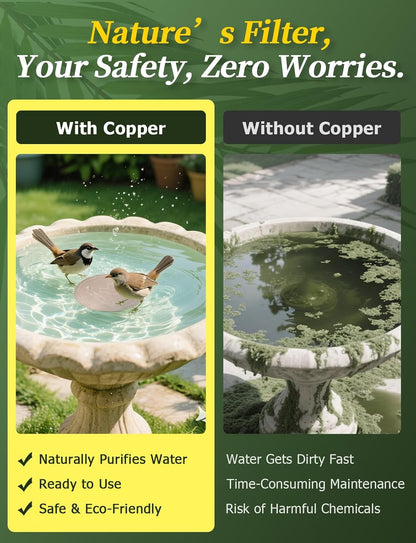 Mellbree Bird Bath Copper Disk, 0.6mm Reinforced 99.99% Pure Copper Cleaning Disk with Triple-Point Support for Physical Safe Clean Water All-Season, Universal Fit for Outdoor Birdbaths, Bowl