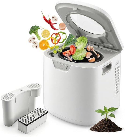 NutriChef 4 Quart Electric Kitchen Composter | Smart Countertop Composter Includes 2 Odorless Carbon Filters | Electric Compost Bin for Indoor Use | 3 Volume Based Modes Small, Medium & Large | White