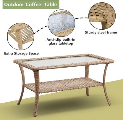 Patio Tables Outdoor Coffee Table - Wicker Rattan Coffee Tables with 2-Tier Storage Shelf Glass Top for Outside Proch Deck Balcony Garden Rectangle Yellow
