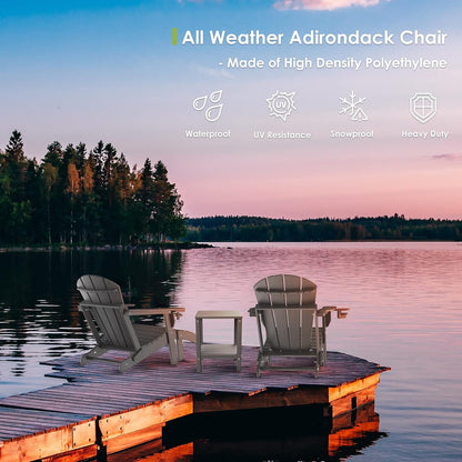 GREENVINES Folding-Adirondack-Chairs-Set-of-2 | HDPE Plastic | Fire Pit Chair | All Weather | Cup Holder | Grey | for Deck Backyard Patio Outdoor Garden