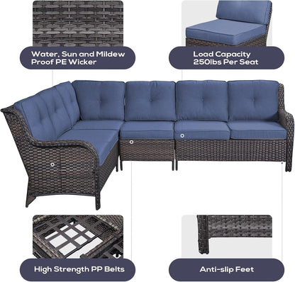 Outdoor Sectional Sofa Furniture Set with 50000BTU Propane Fire Pit Table, Wicker Patio Conversation Set with 2 Swivel Glider Rocker Chairs Blue Cushion Perfect for Backyard Casual Gathering