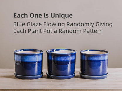 5.8 Inch Plant Pot: Ceramic Planter with Drainage Hole & Saucer for Indoor Outdoor Plants - Flowerpot with Bonded Tray for Home Office - Blue Reactive Glaze