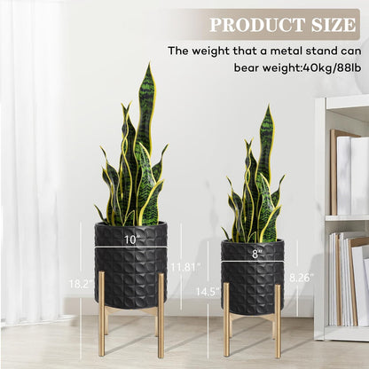 Oakrain Planters for Indoor Plants, Set of 2 Decorative Metal Planter Pots, Mid Century Modern Planter with Stand for Living Room, Office, Garden or Balcony, Black, 8"&10"