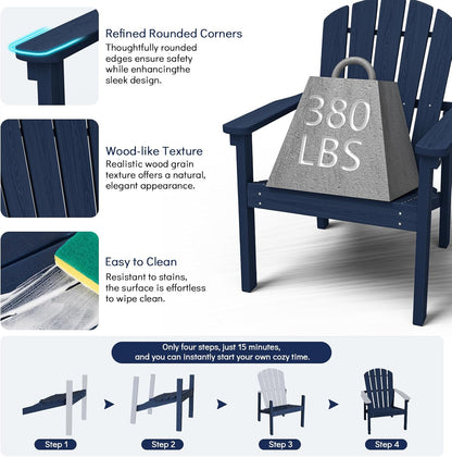 Stackable Adirondack Chair, HDPE Outdoor Patio Chair - Durable and Space Saving, Suitable for Porches, Lawns or Garden, Navy