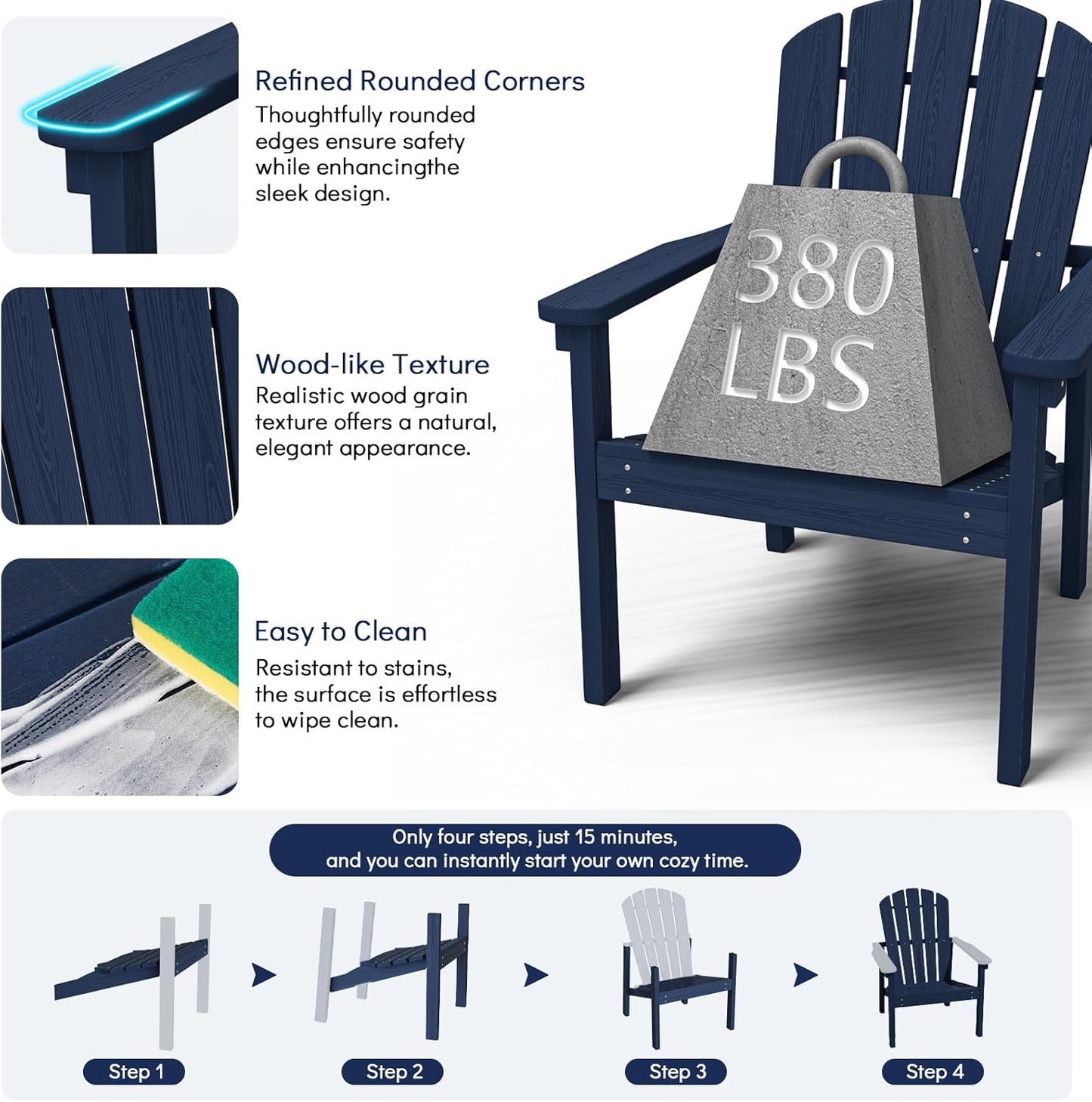 Stackable Adirondack Chair Set of 4, HDPE Outdoor Patio Chair - Durable and Space Saving, Suitable for Porches, Lawns or Garden, Navy