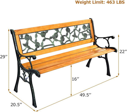 S AFSTAR Outdoor Garden Bench, Outside Porch Loveseat with Rose Cast Backrest & Stable Metal Legs, 2-3 Person Park Bench, Weather Proof Outdoor Bench for Patio Garden Backyard Poolside