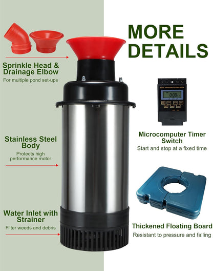 Pond Fountain Aerator 1HP, AS2 750W 15000GPH 110V/120V High Flow Floating Water Fountain Pump With 100ft Power Cord, Stainless Steel Body Aerating Fountains Cascade for Large Small Pond/Lake