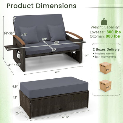 Tangkula Patio Rattan Daybed Set with Cushioned Loveseat and Storage Ottoman, Outdoor Double Chaise Lounger with 4-Level Adjustable Backrest and Retractable Side Trays for Backyard (Gray)