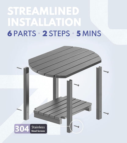 PASAMIC Outdoor Side Table, HDPE Adirondack Oval Side Table with 2-Tier Storage, Weather Resistant Outdoor End Table for Patio, Backyard, Pool, Indoor Companion, Beach, Easy Maintenance Table (Grey)