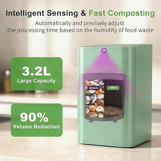 Electric Composter for Kitchen, 3.2L Smart Odorless Compost Bin, Low Noise & Odorless, Indoor Countertop Food Waste Composter with LED Display, One-Touch Operation, Auto-Cleaning, EC04 (Green)