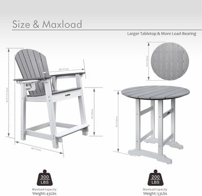 Tall Adirondack Chairs Patio Bar Tables Set of 3, Weather Resistant HDPE 35" Round Outdoor Bar Adirondack Barstools Plastic Height Table Pub, for Garden, Backyard, Yard, Pool, Fire, Pit (Grey)