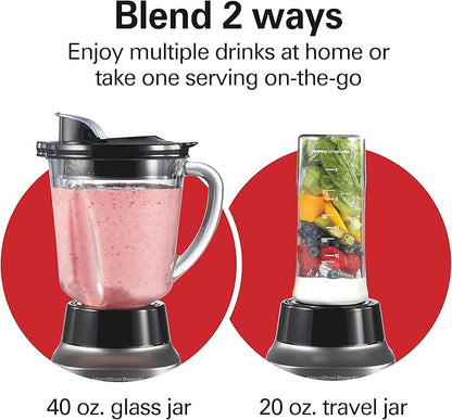 Hamilton Beach Wave Action Blender for Smoothies, Stainless Steel Ice Sabre Blades, 40oz Glass Jar, 20oz Blend-In Portable Travel Jar, 800 Watts, Quiet Design, Silver (58181)