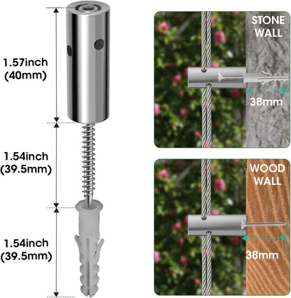 10 Sets Cylindrical Hubs Wall Trellis Kits, Wire Trellis for Climbing Plants Outdoor with 53Ft x 1/8" T316 Stainless Steel Rope, Garden Wire Trellis System for Espalier & Vertical Gardening