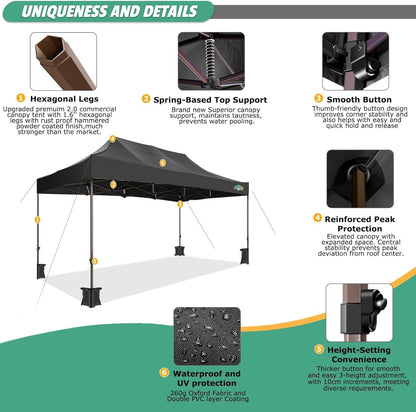 COBIZI 10x15 Pop Up Canopy Tent Heavy Duty with Sidewall, Commercial Outdoor Easy Pop Up Gazebo for Party Wedding All Weather Waterproof UV 50+ with Roller Bag(Leg Upgraded),Black