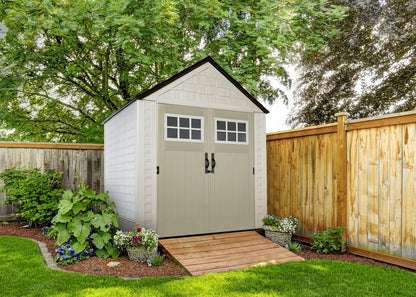 Rubbermaid 7 Foot by 7 Foot Weatherproof Outdoor Storage Shed for Garden Tools and Lawn Machinery Organization with Lockable Double Door Sandstone